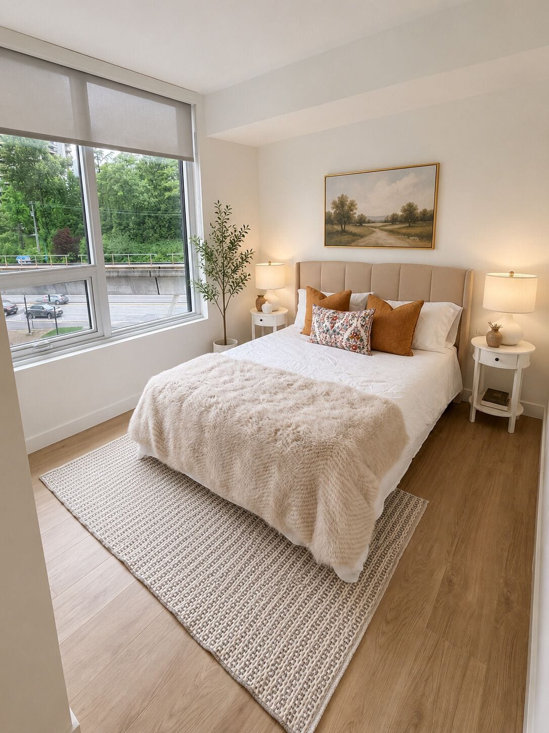 A bedroom with a large bed, two bedside tables, a window with a view of greenery, and a painting on the wall.