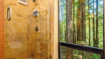 Shower, hair dryer, towels, shampoo