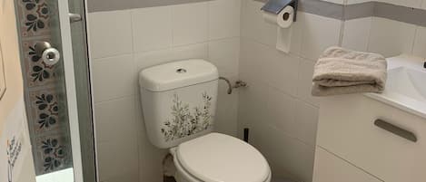 Een douche, een haardroger, handdoeken, zeep