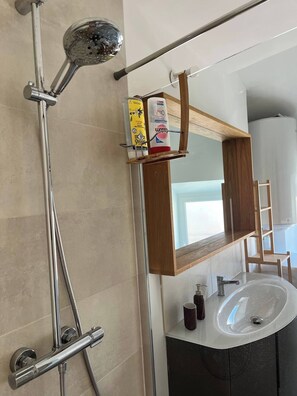 Shower, hair dryer, towels, soap