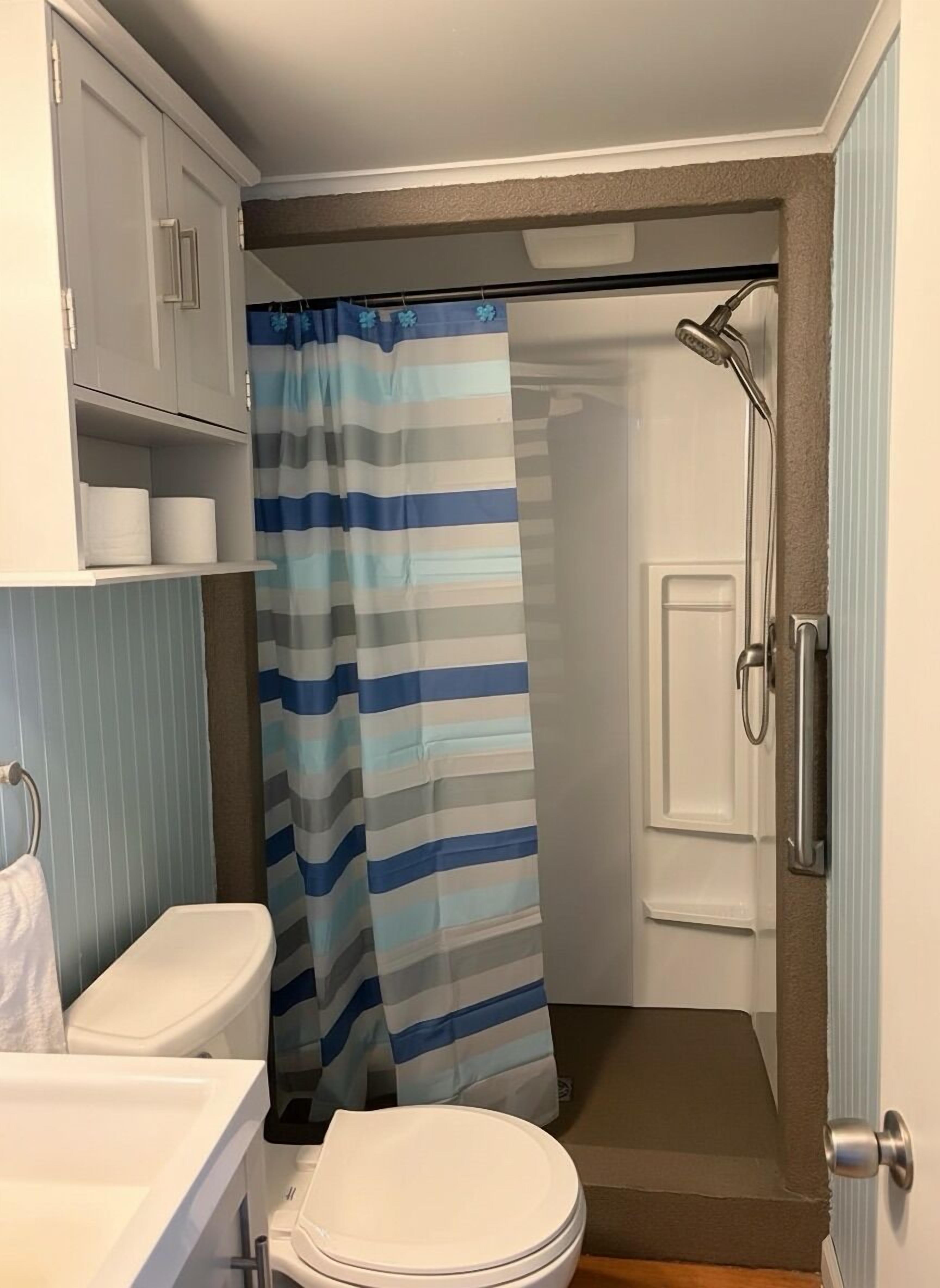 Shower, hair dryer, towels, toilet paper
