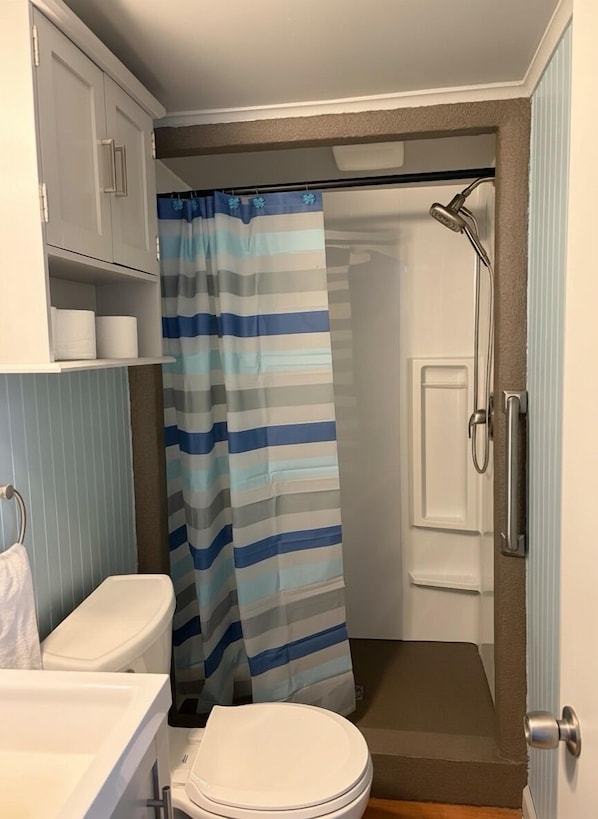 Dusche, Haartrockner, Handtücher, Toilettenpapier