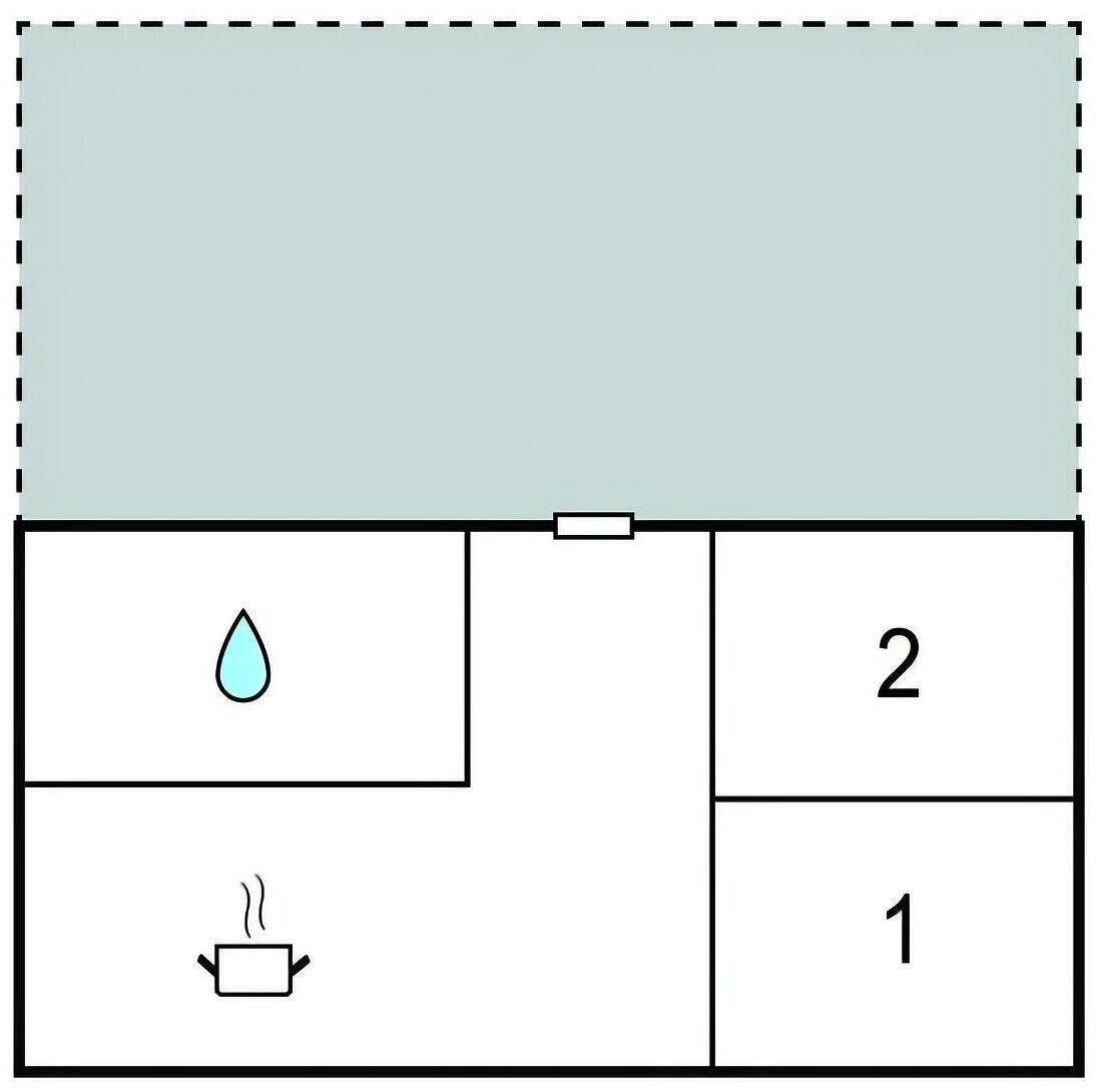 A room layout with a bed, a bedside table, and a window.