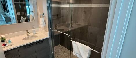 Ducha, secador de pelo, toallas, jabón