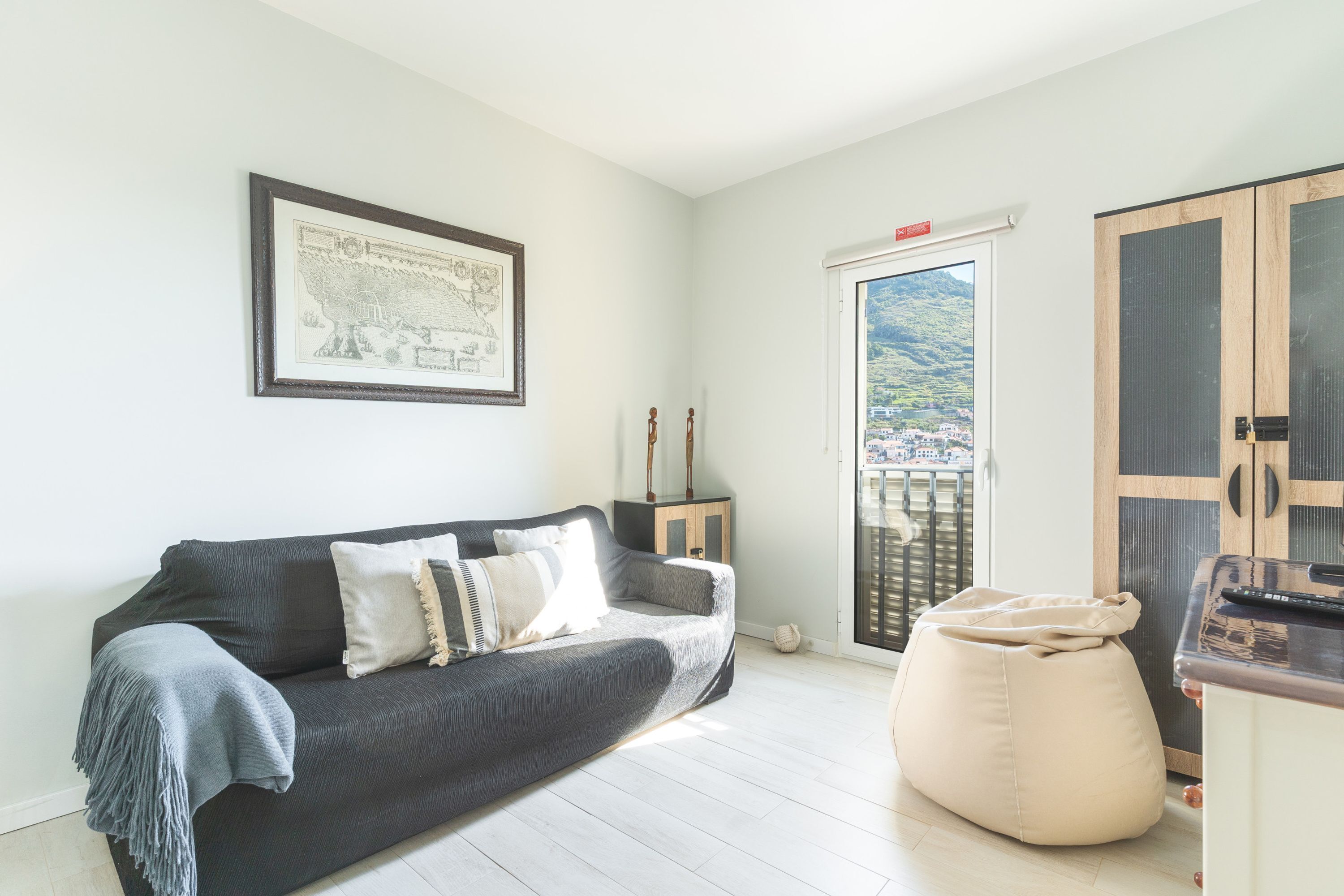 A living room with a sofa, a bean bag, a framed picture, and a view through a door.