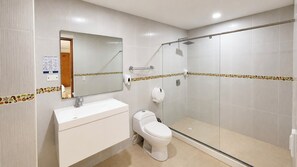 A bathroom with a shower, toilet, sink, and mirror. - Vadamar Hotel Collection Rodadero (Santa Marta)