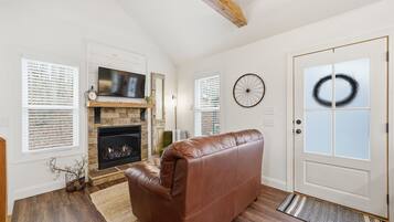 TV, fireplace, books