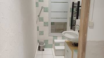 Shower, hair dryer, towels, toilet paper