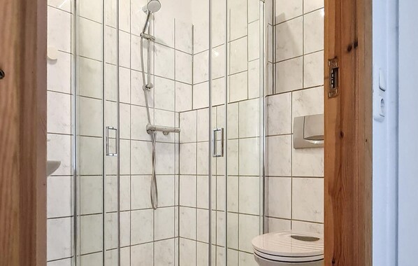 Ducha con puerta de vidrio, inodoro y toallero en la pared.