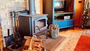Ein Zimmer mit Kaminofen, Fernseher und einem blauen Schrank.