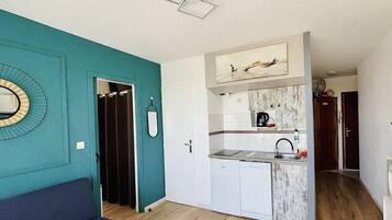 Un espacio habitable compacto con kitchenette, comedor y baño.