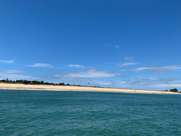 Une plage à l’eau d’un bleu limpide et au rivage sablonneux.