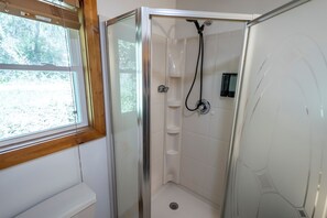 Shower, towels - Creekside Living | Fish, Relax, Recharge (Robbinsville)