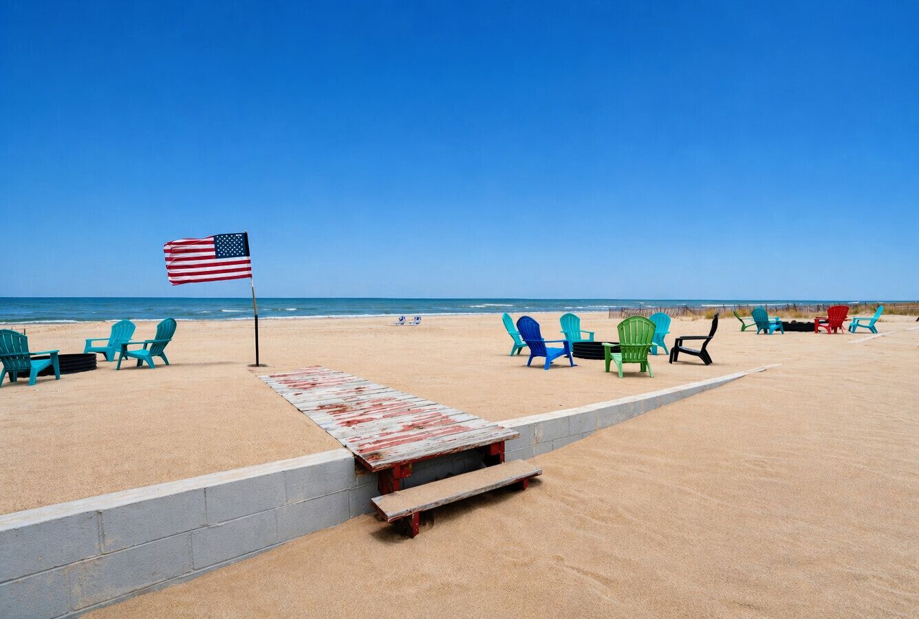 A beach with a flag, chairs, and a wooden walkway.