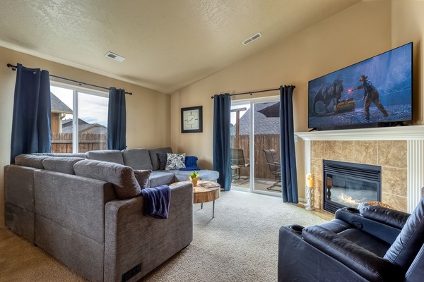 Smart TV, fireplace, books