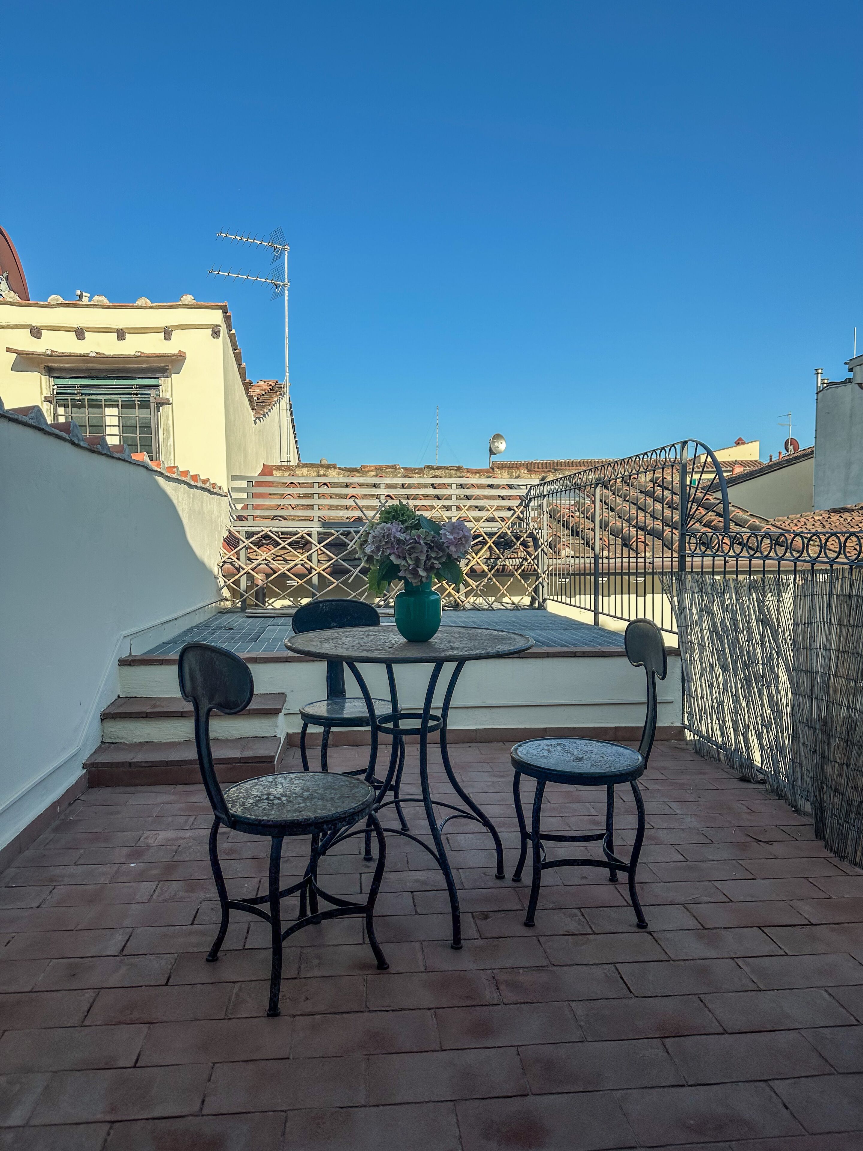 Una terraza en la azotea con una mesa, sillas, una planta en maceta y vistas a edificios al fondo.