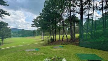 A golf course with trees, a netted area, and a green field.