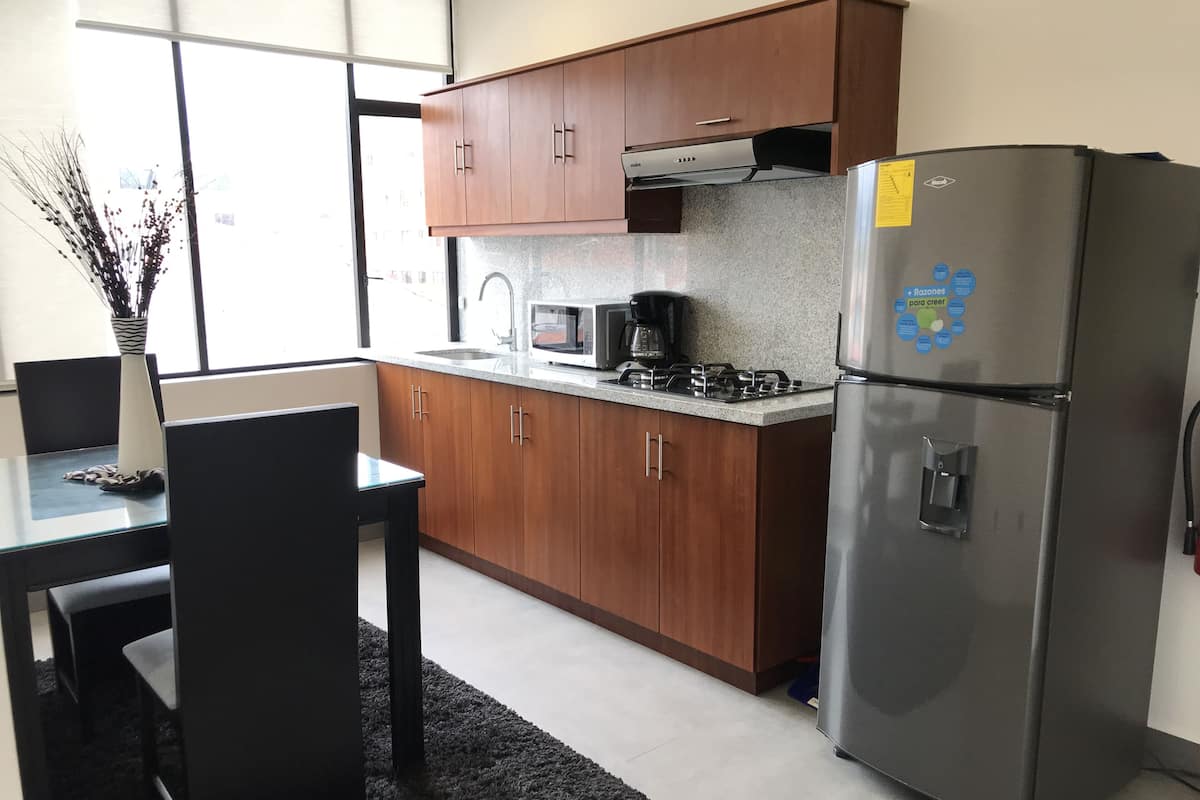 A compact kitchen with wooden cabinets, a stainless steel refrigerator, a microwave, and a gas stove.
