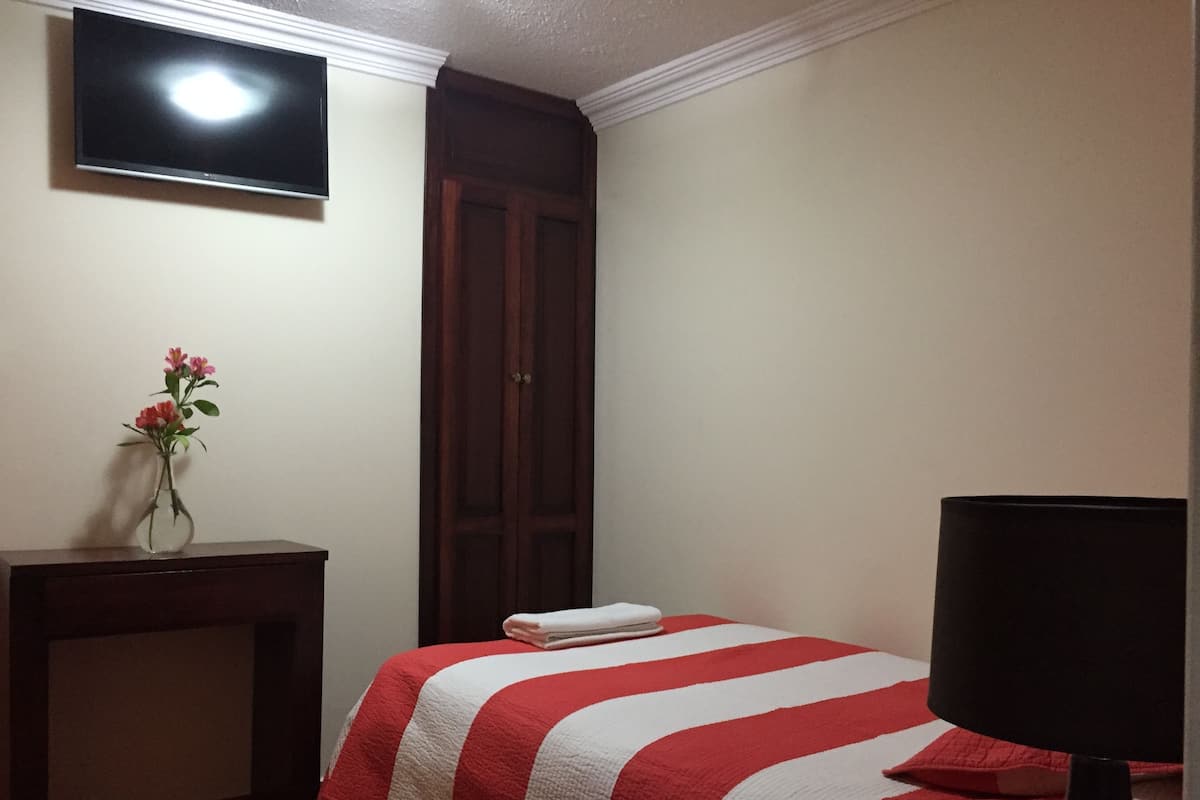 A hotel room with a bed, a TV, a desk, and a vase with flowers.