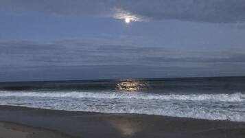 Une plage avec des vagues et une lune dans le ciel.