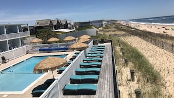 Seasonal outdoor pool, open 10:00 AM to 6:00 PM, pool umbrellas