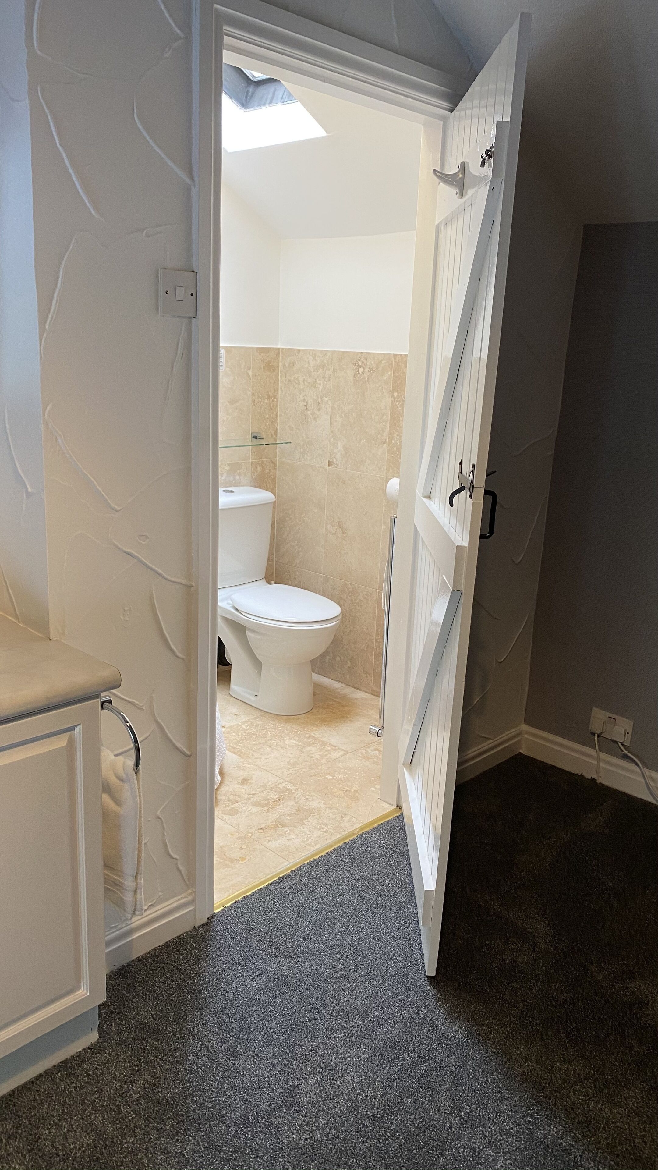 Ein Badezimmer mit Toilette, Dusche und Handtuchhalter.