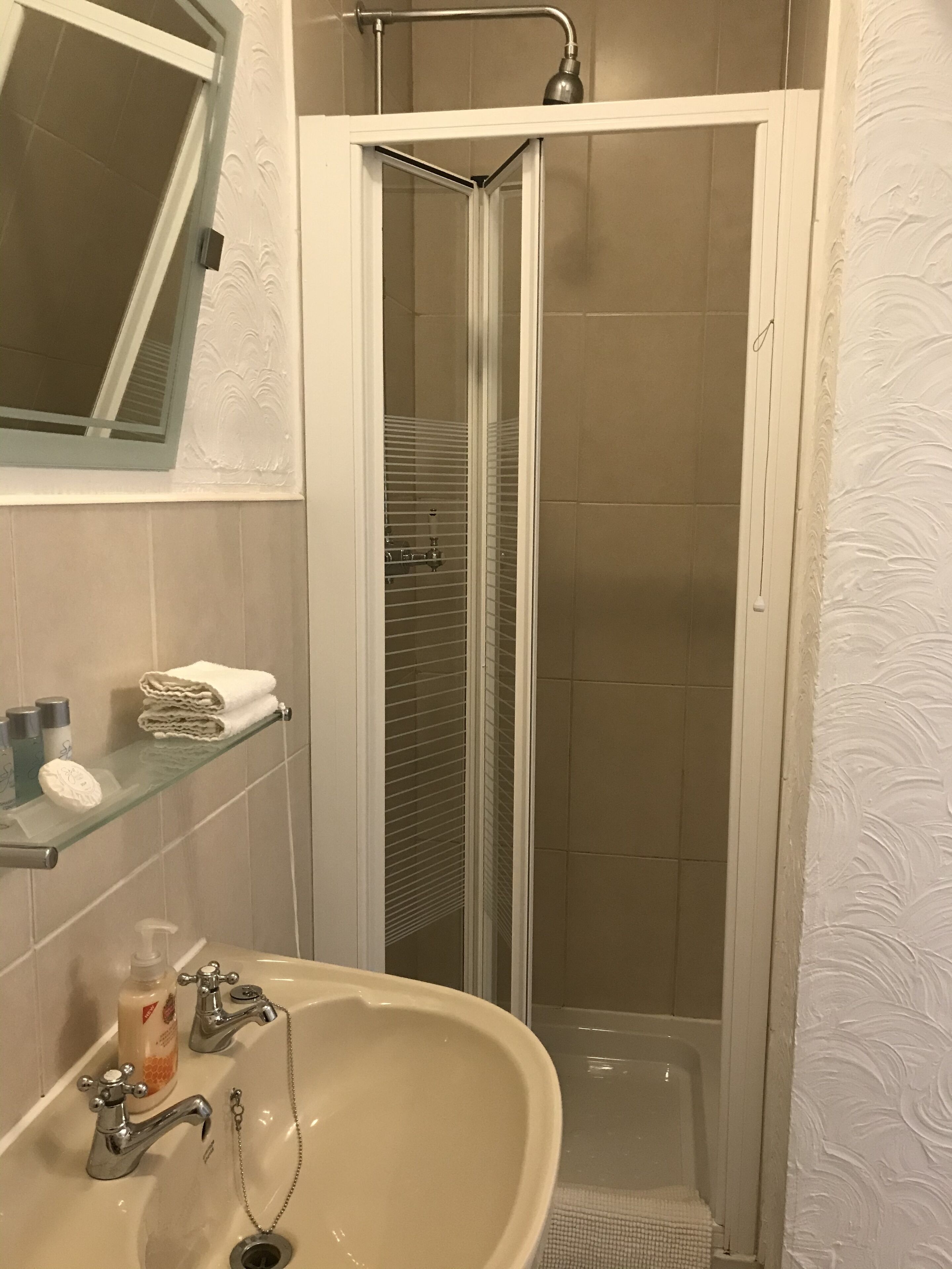 A bathroom with a glass-enclosed shower, a sink with a mirror above it, and a shelf with toiletries.