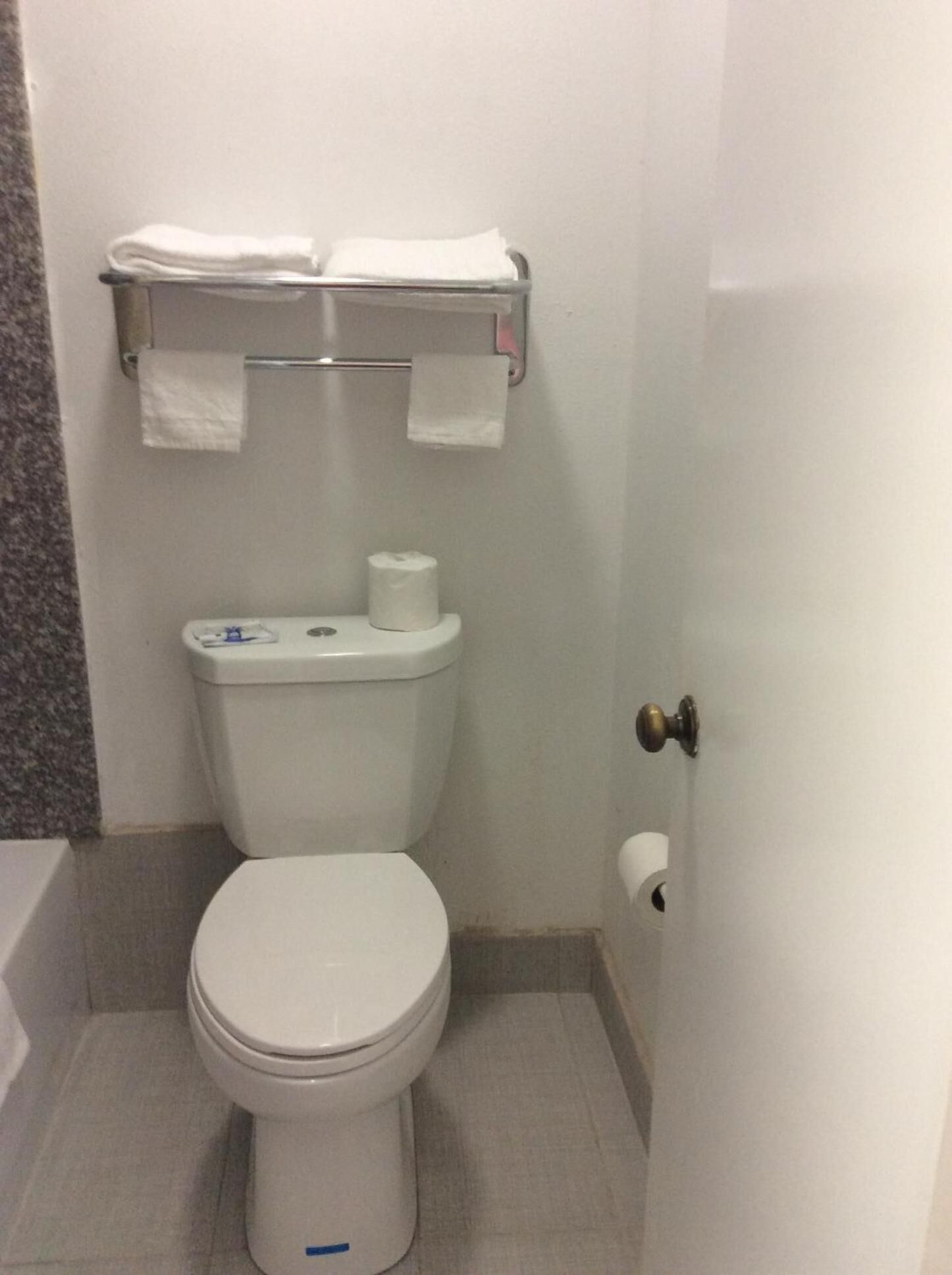 A small, clean bathroom with a toilet, a towel rack above the toilet, and a toilet paper holder.