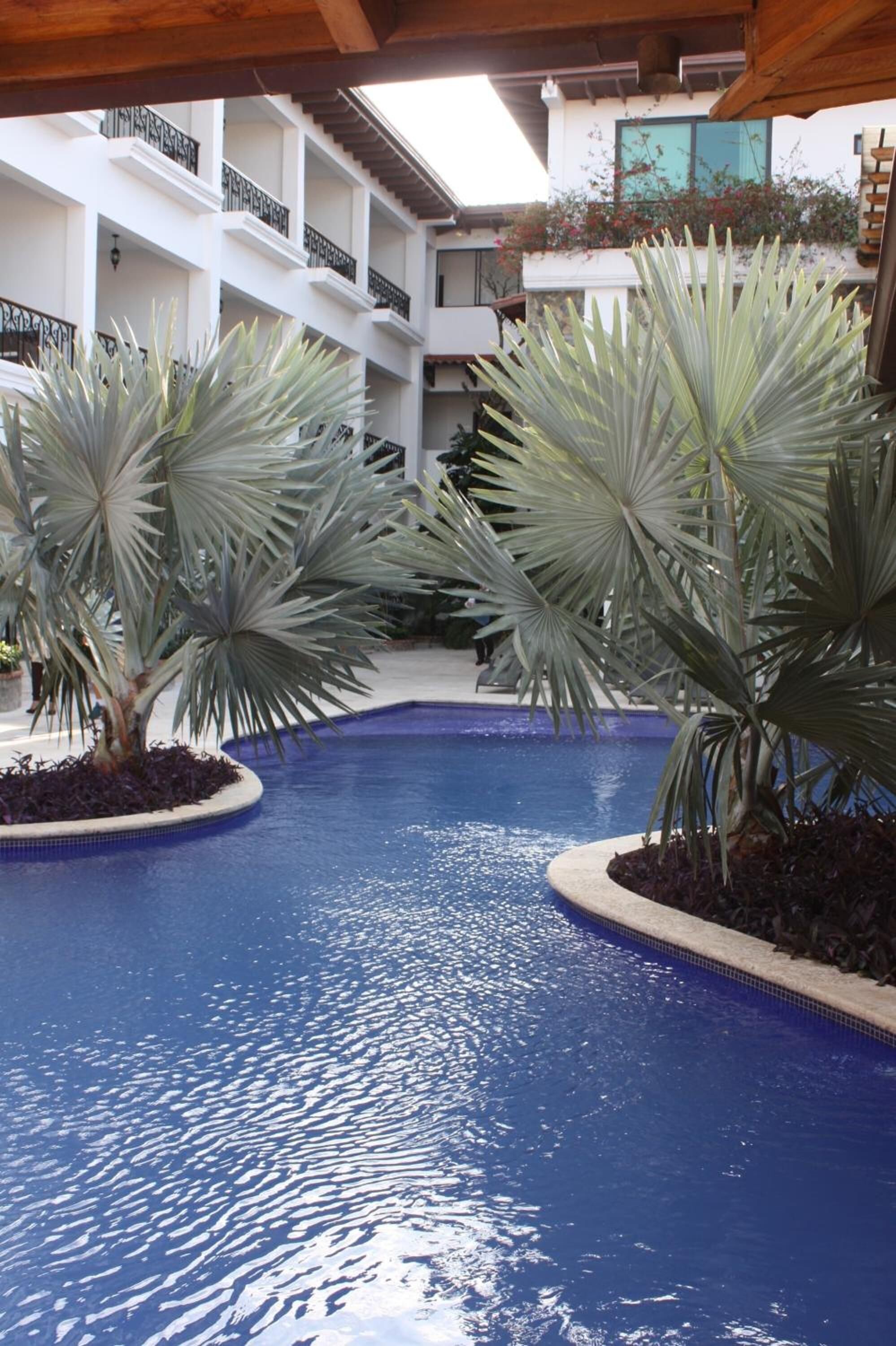 A swimming pool with palm trees, surrounded by a multi-level building with balconies.