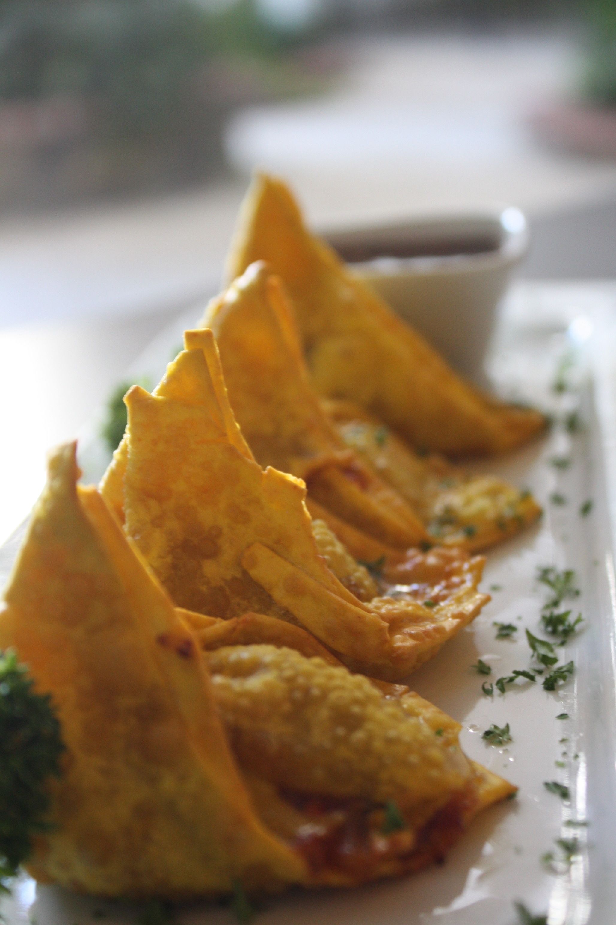 Um prato com itens fritos dourados, possivelmente empanadas, decorado com ervas, servido em um prato branco com um pequeno recipiente de molho.