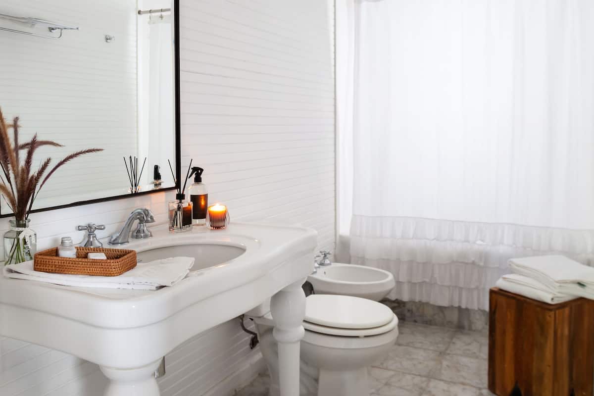 hair dryer, bidet, towels