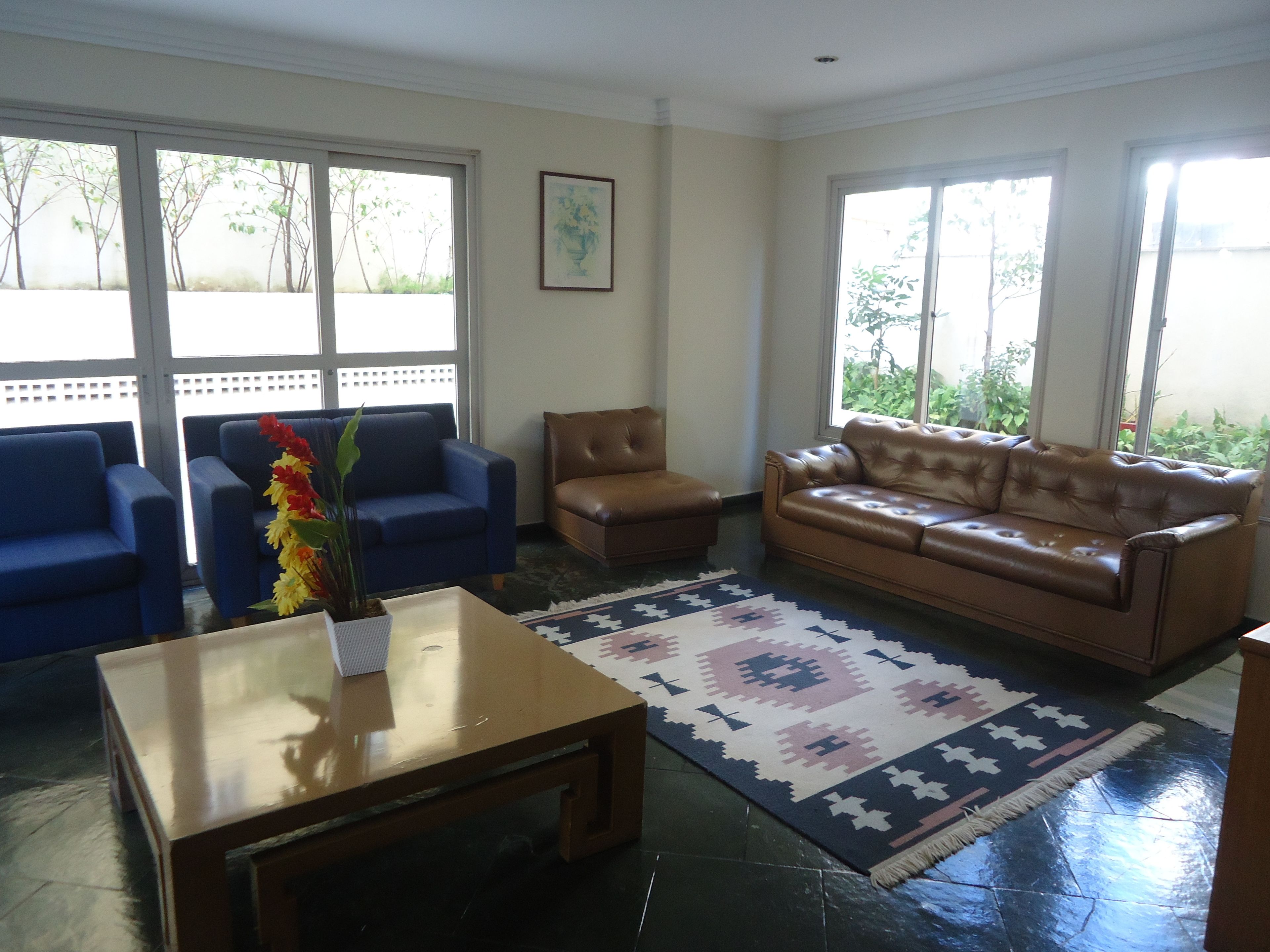 A living room with a blue sofa, a brown leather sofa, a wooden coffee table, and a patterned rug.