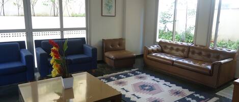 A living room with a blue sofa, a brown leather sofa, a wooden coffee table, and a patterned rug.