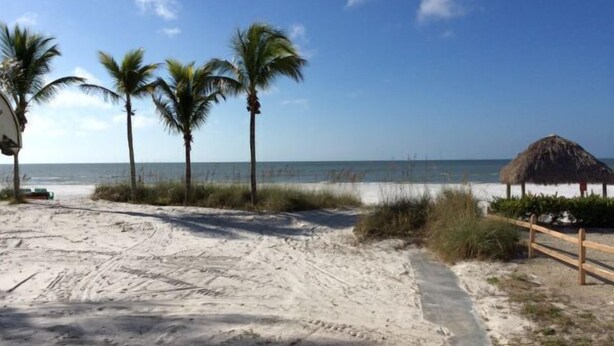 A sandy beach with palm trees and a thatched-roof structure. - Red Coconut RV Park (Fort Myers Beach)