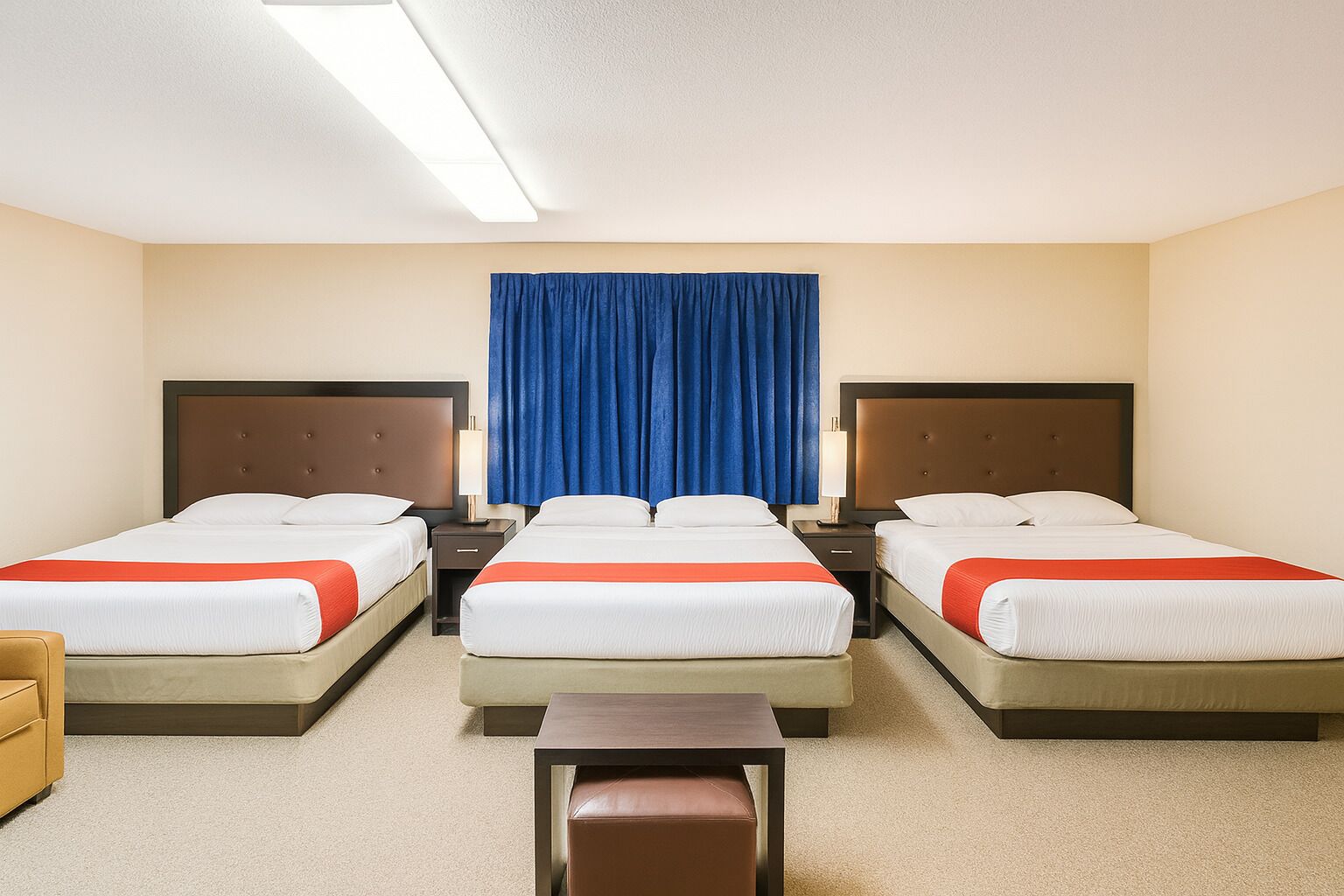 A hotel room with three beds, a small table, and a bench.