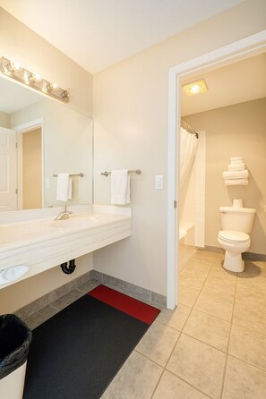Une salle de bain avec un lavabo blanc, un miroir et des toilettes.