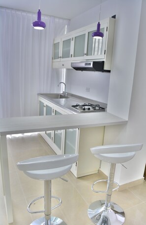 品质复式房, 1 张双人床和 1 张沙发床 | 私人厨房 | 冰箱、微波炉、炉灶、洗碗机