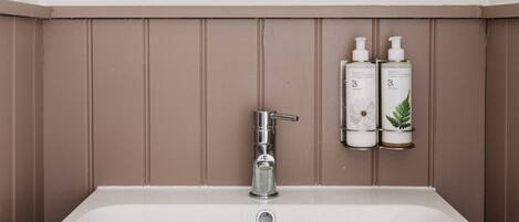 A bathroom with a white sink, a chrome faucet, and two bottles of shampoo on a shelf.
