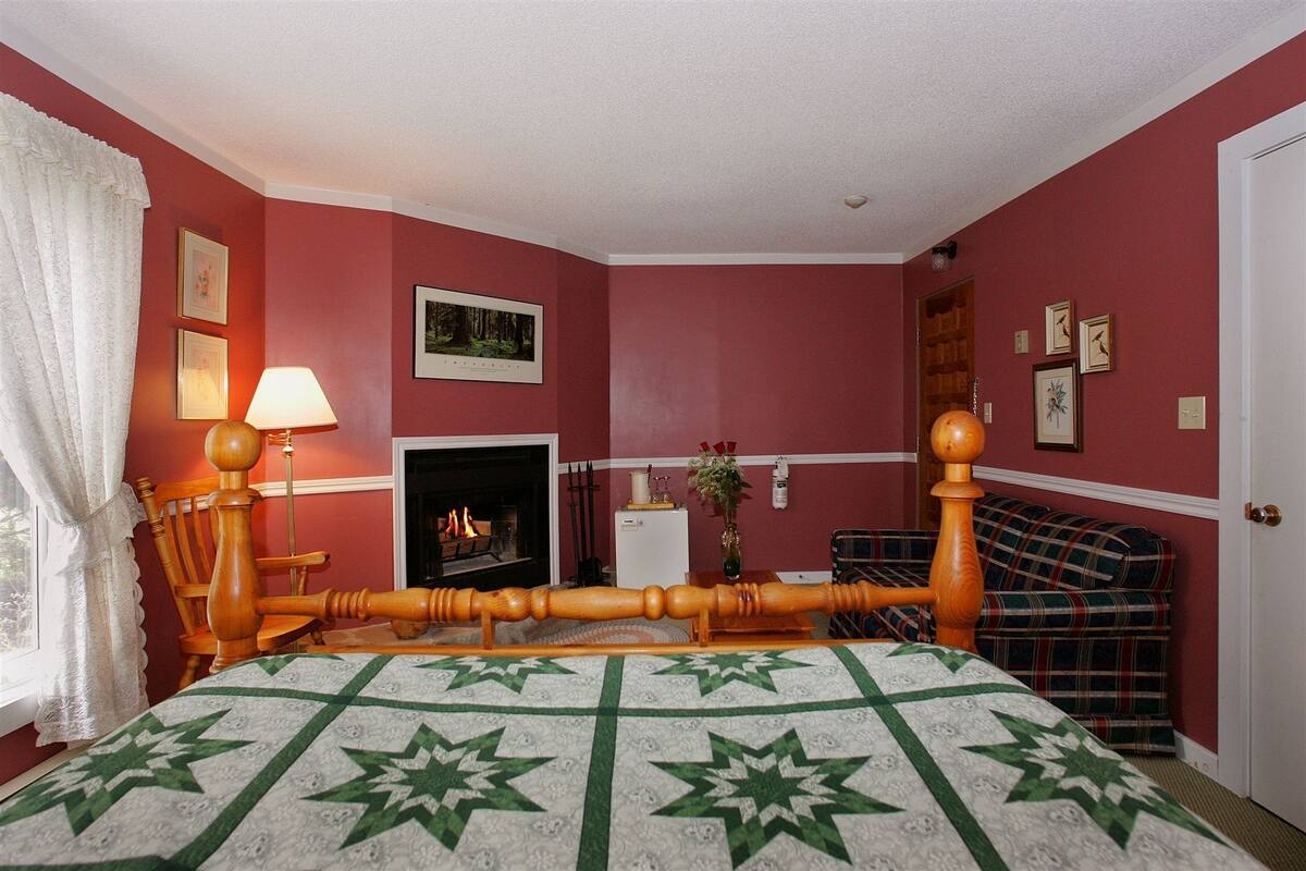 Une pièce avec un lit, une cheminée, une lampe et une porte.