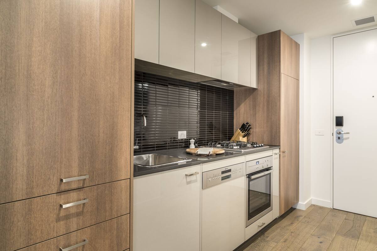premium one bedroom apartment | private kitchen | full-sized fridge, microwave, oven, stovetop