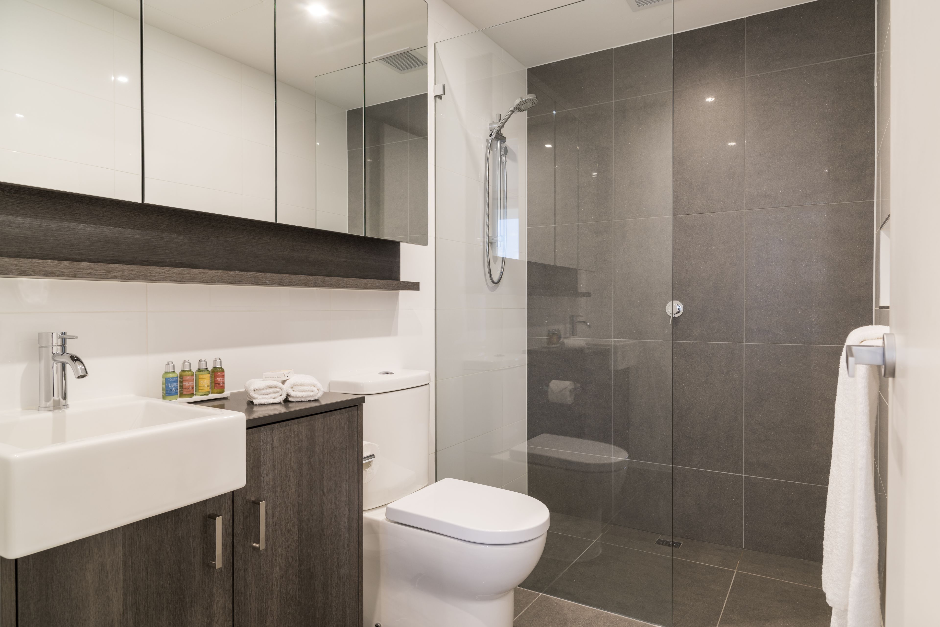 A modern bathroom with a shower, toilet, and vanity.