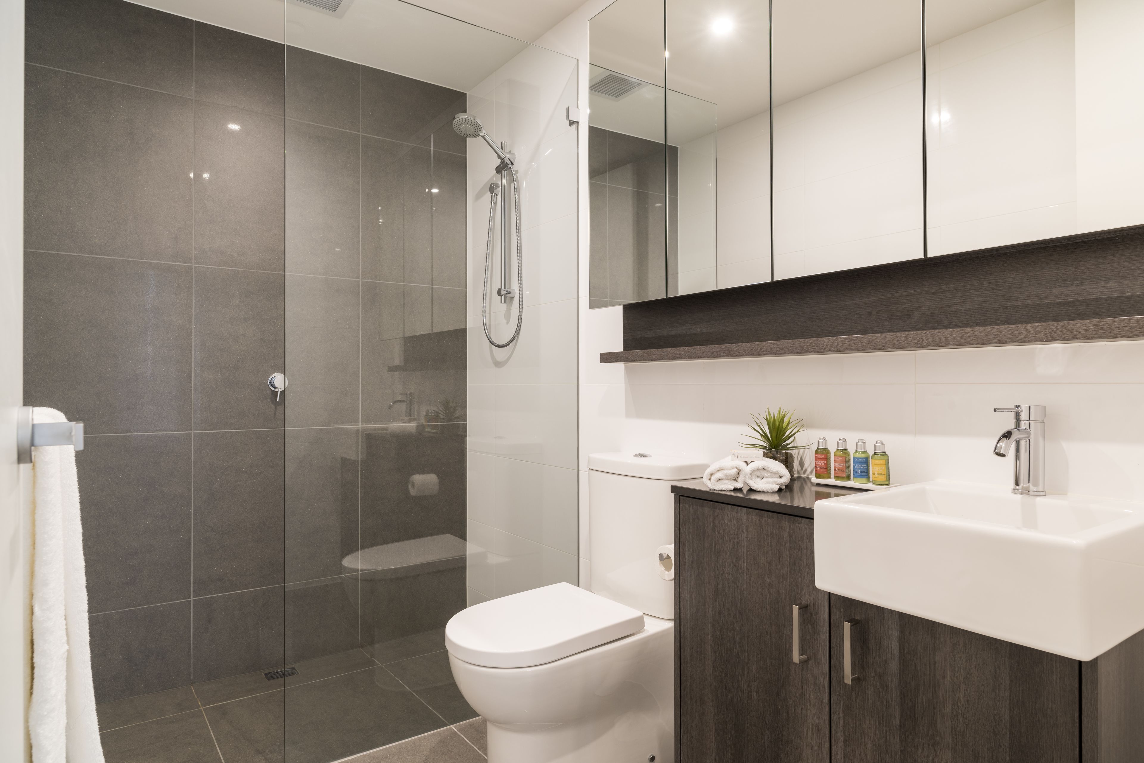 premium two bedroom apartment | bathroom | shower, free toiletries, hair dryer, towels