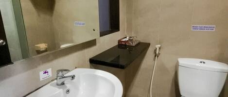 A bathroom with a white sink, a toilet, and a mirror.