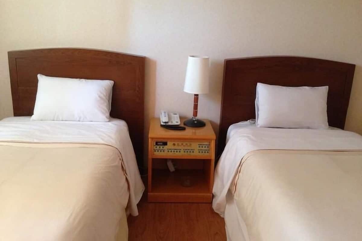 A hotel room with two single beds, a bedside table with a lamp, and a telephone.