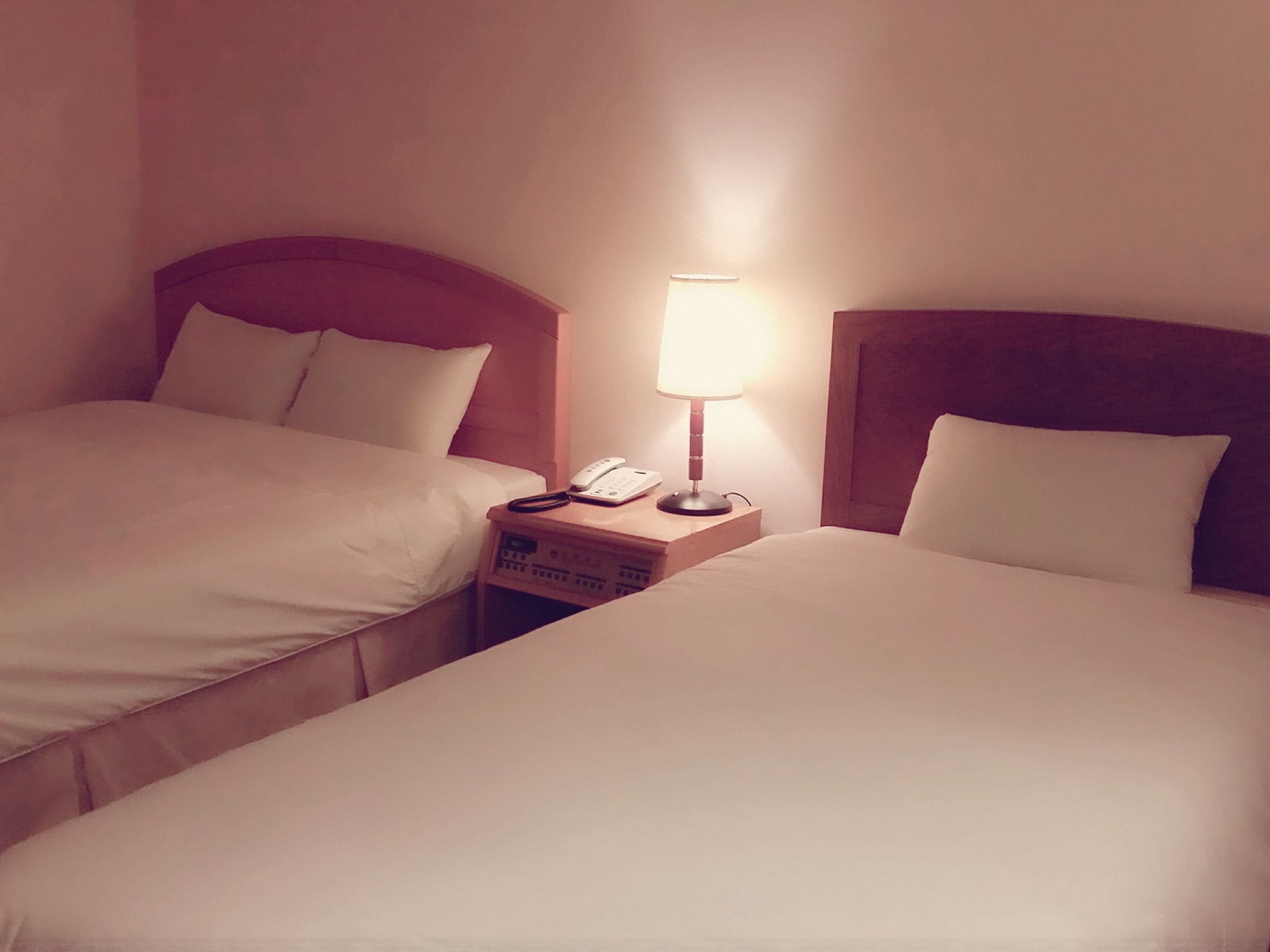 A hotel room with two single beds, a bedside table with a lamp, and a phone.
