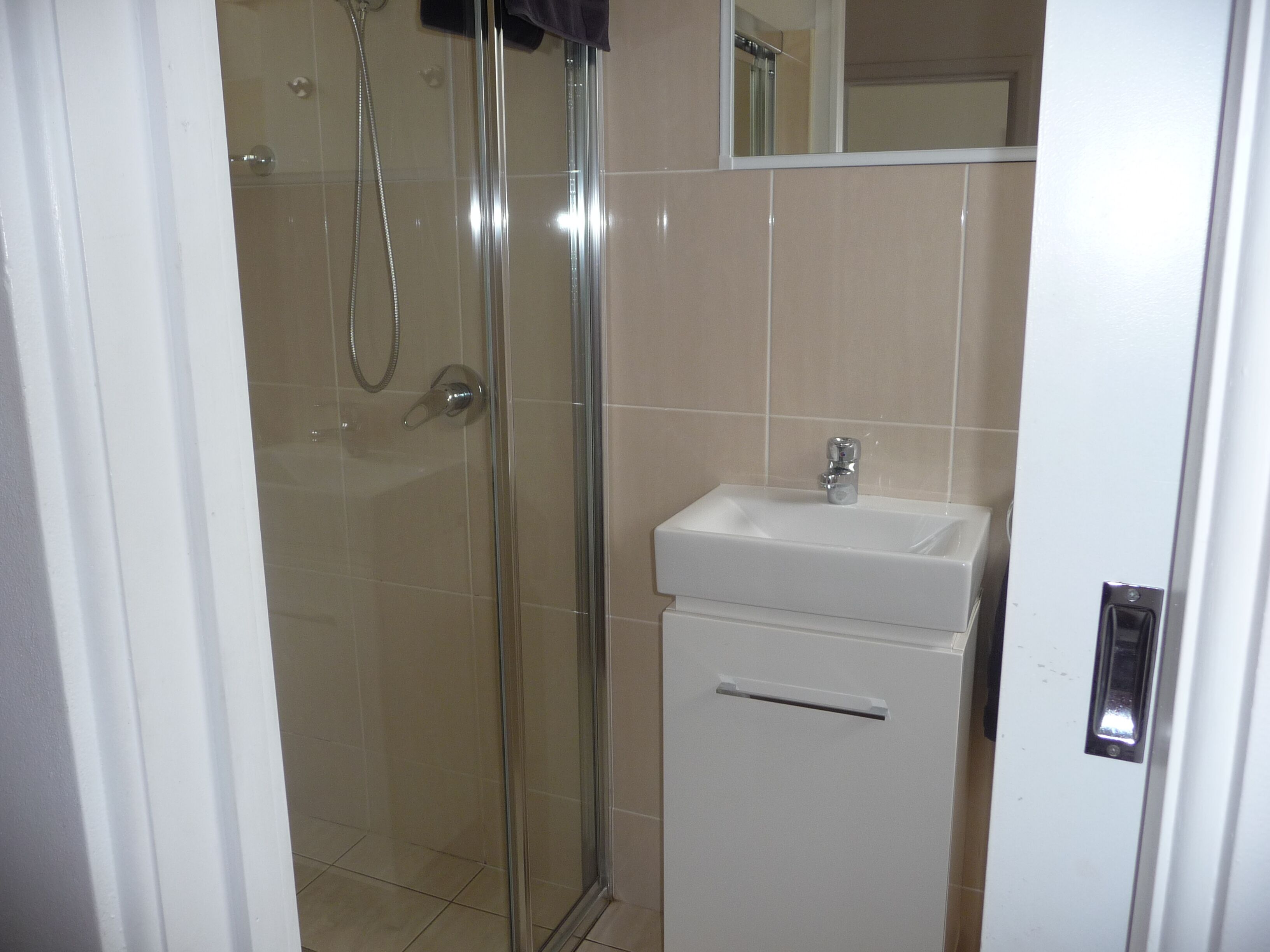 A bathroom with a glass-enclosed shower, a white sink, and a mirror above the sink.