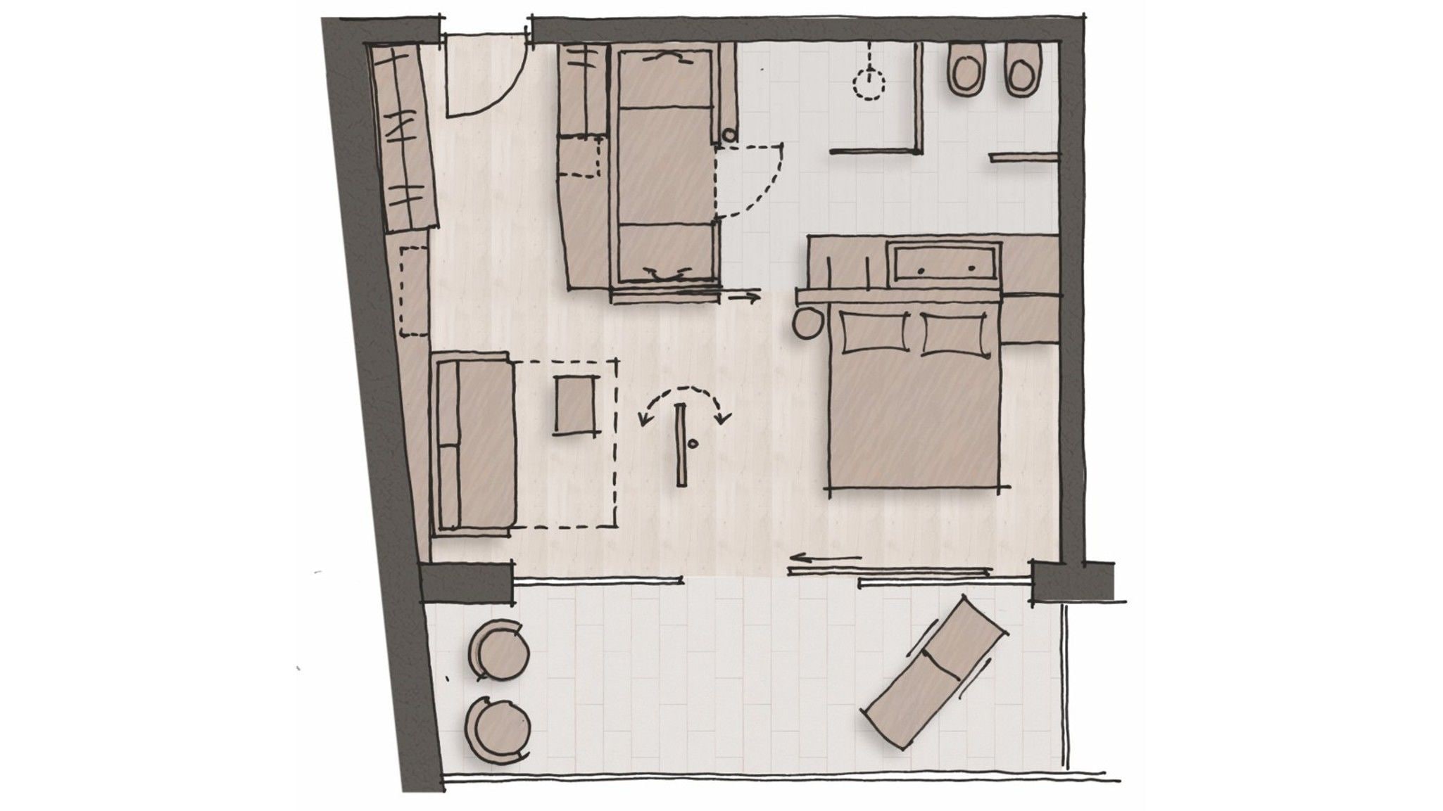 Una cocina con estufa, lavaplatos y refrigerador. Hay un comedor con mesa y sillas.