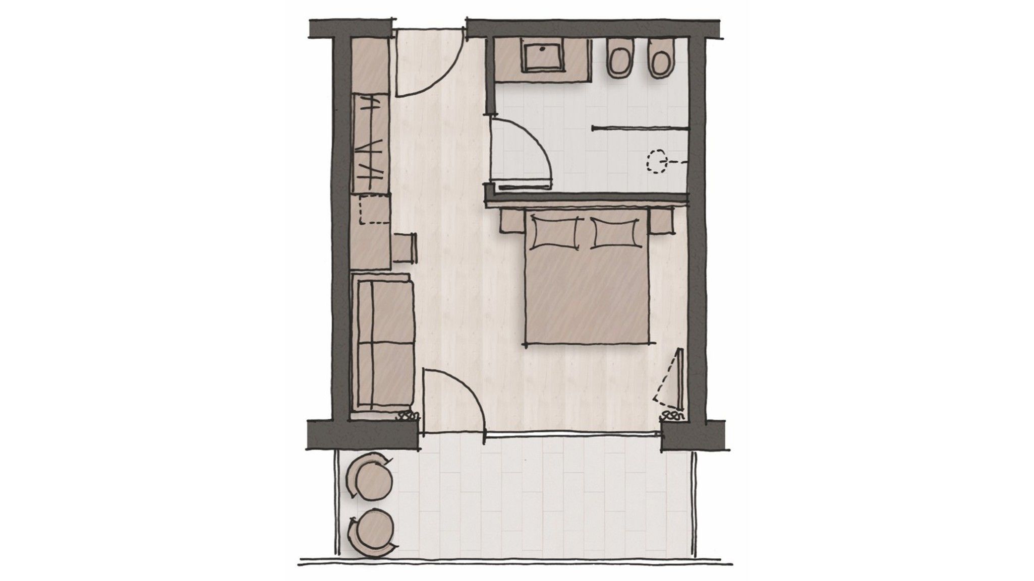 Plan d’étage d’une chambre d’hôtel compacte comprenant un coin cuisine, un lit, une petite salle de bain et un espace salon.
