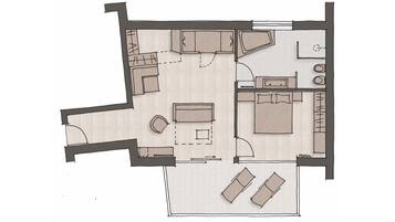 A floor plan of a hotel room with a bed, a desk, a chair, a small table, and a sofa.