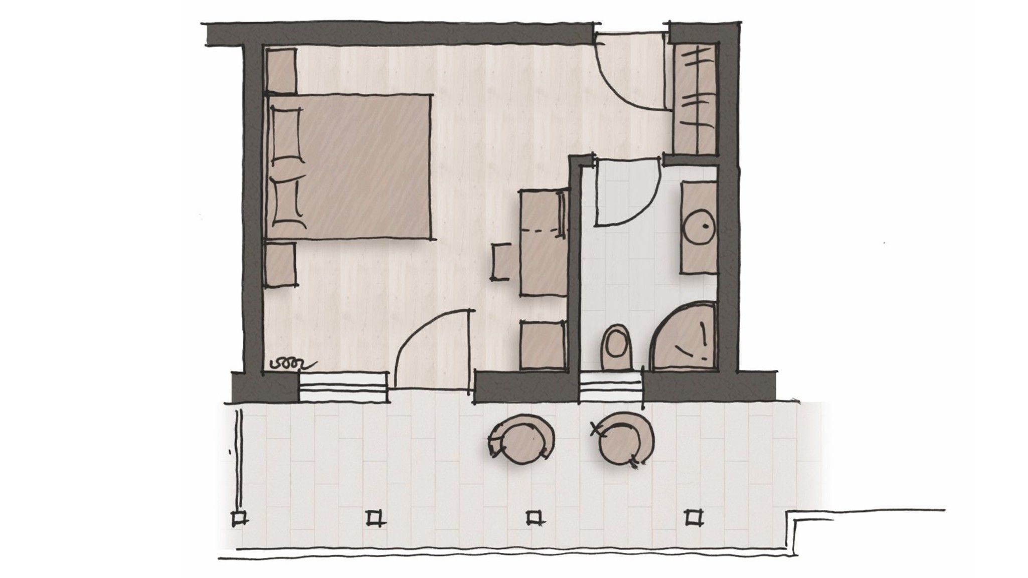 Plano de un cuarto de hotel con una cama grande, una zona de estar con sofá y dos sillones, una pequeña cocina y un baño.